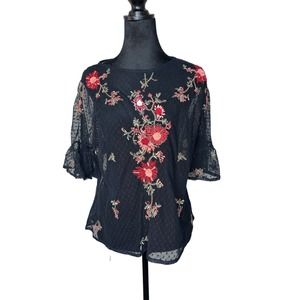 Anthropologie Maeve Cadiz Black Mesh Short Sleeve Floral Embroidered Top Size M